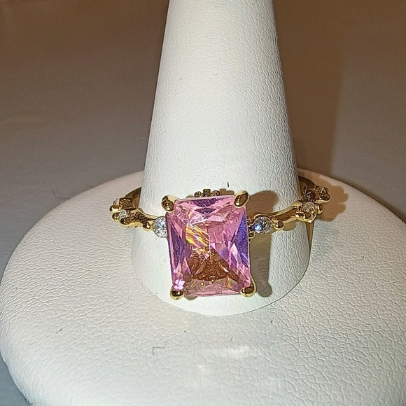 Princess Cut Pink Cubic Zirconia Ring - Gold Plated Brass, Size 8 - Picture 7 of 11